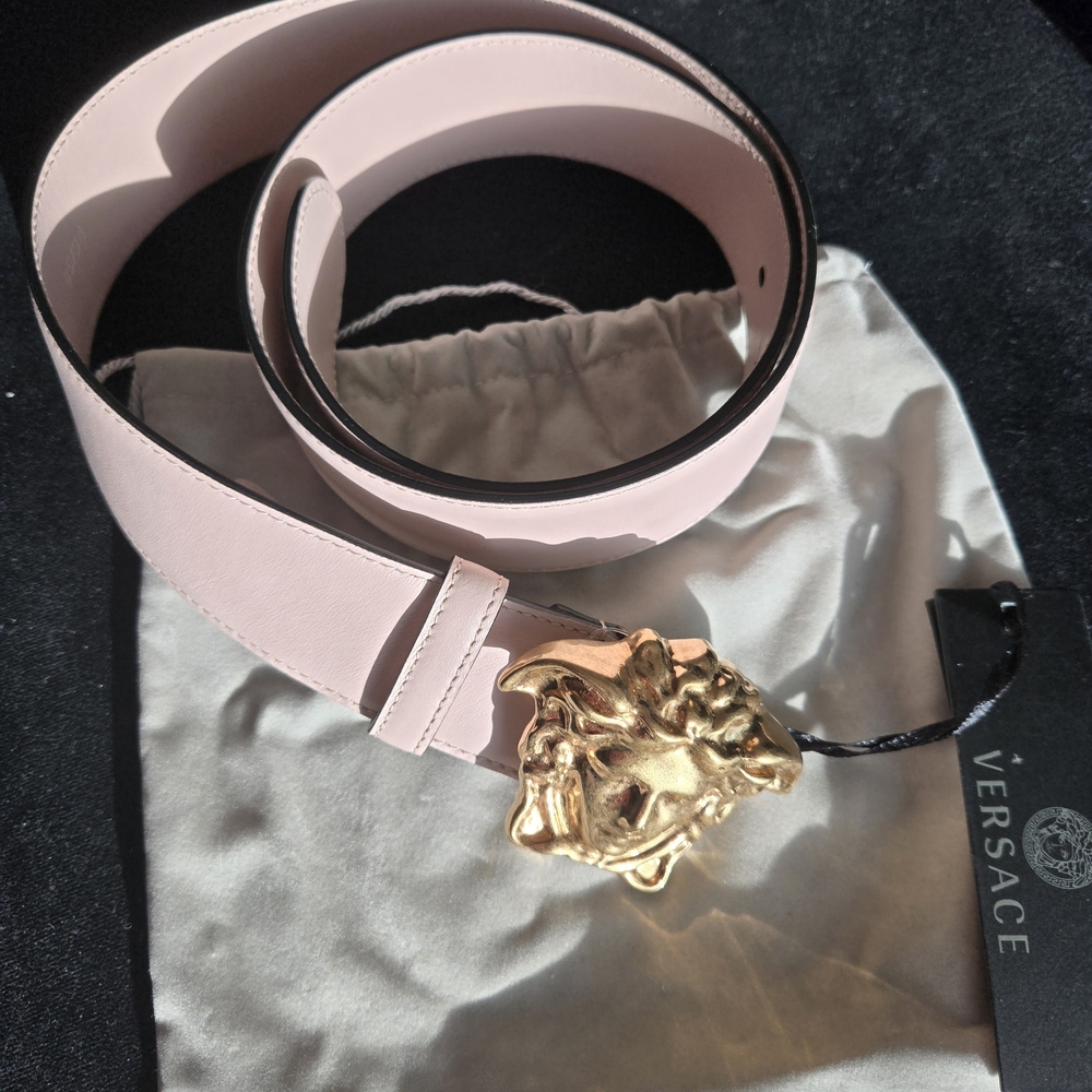 Versace Pink Leather Belt with Gold Medusa Buckle